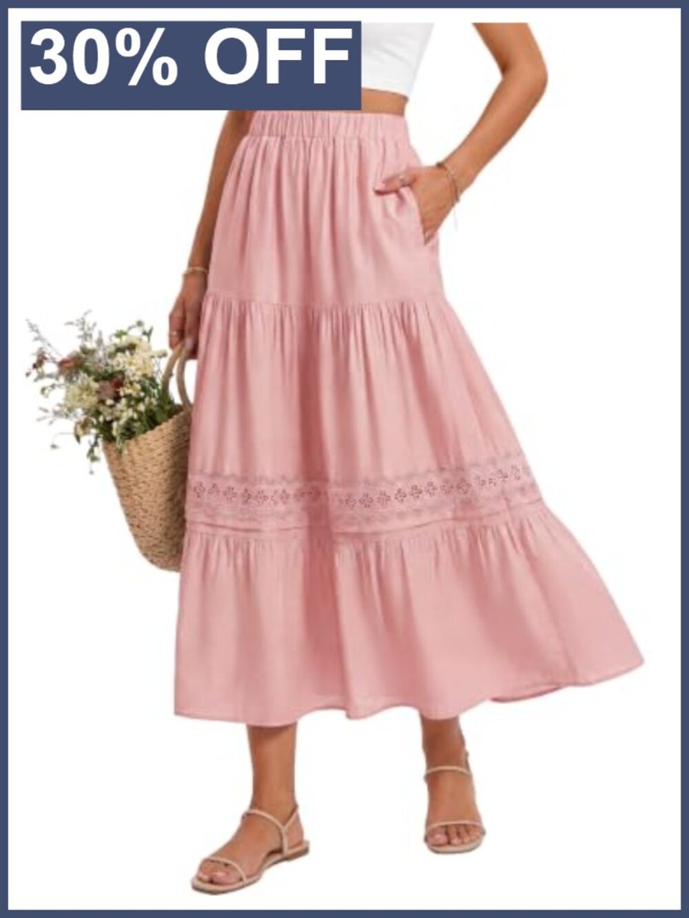 Womens High Waist Lace Trim Maxi Skirt with Pockets Flowy A-Line Long Skirt